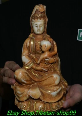 Estatua de Buda de la diosa Tongzi Kwan-yin GuanYin Quanyin de jade blanco antiguo de 9,4"" Foto 1 de 4
