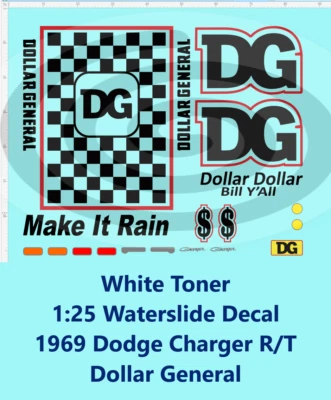 Calcomanía tobogán acuático 1969 tóner blanco 1:25 Dodge Charger R/T Dollar General Foto 1 de 4