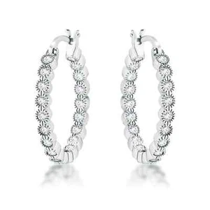 Rhodium Plated Dotted Clear CZ Round Bezel Hoop Earrings - Picture 1 of 1