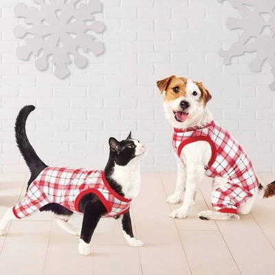 Wondershop Dog-Cat Christmas Sweater Pajama White-Red Plaid XS #6937 — 第 1/4 张图片