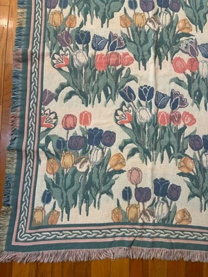 Vintage TULIP GARDEN TAPESTRY BLANKET Throw PASTEL Fringe Goodwin 65x46 Pink Blu - Image 1 of 4