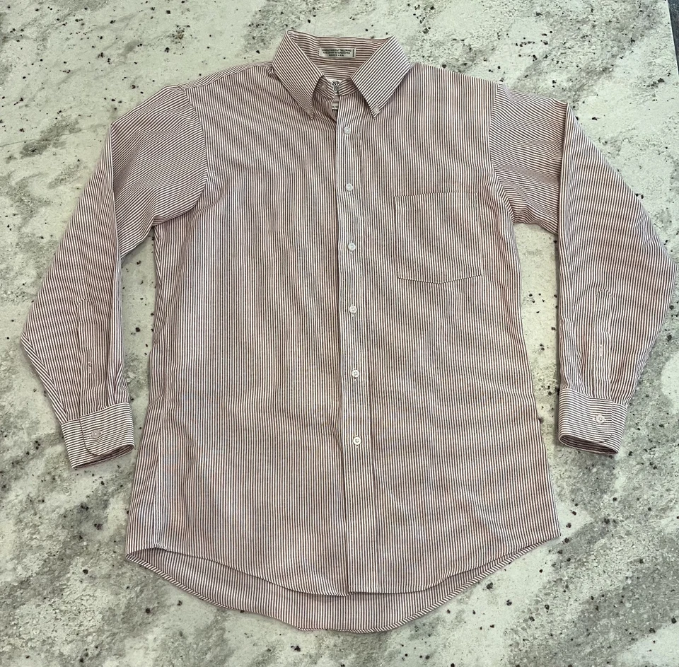 Sears Roebuck 复古 80 年代美国制造男式纽扣 15.5 32/33 红色棕色条纹工作 — 第 1/4 张图片