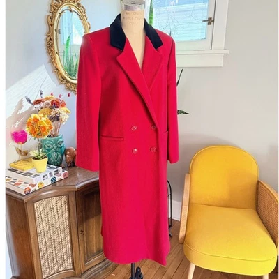 Abrigo Largo Vintage Central Park Rojo Lana Terciopelo Cuello Doble Pecho - M Foto 1 de 4