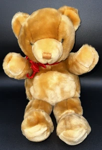 Vintage Golden Brown Tan Plush 14" Teddy Bear with Red Ribbon Bow - Picture 1 of 10