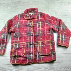 Orvis Deep Pile Fleece Plaid Jacket Womens Medium Red Coat Sweater Toggle Front - Picture 1 of 6