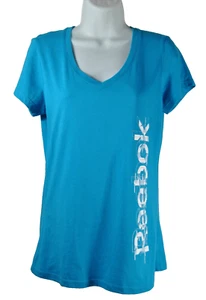 REEBOK Size Medium Unisex V Neck Turquoise Blue Tee Shirt - Picture 1 of 14