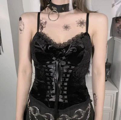 Women's Gothic Punk Sexy Spaghetti Straps Lace Up Velvet Slim Fit Vest Top 1231  - Изображение 1 из 4