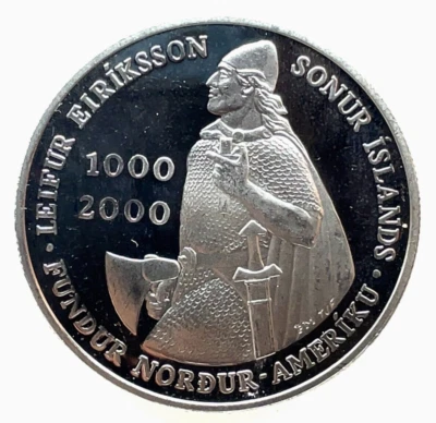 2000  Leif Ericson Proof Commemorative 90% Silver 1000 Kronur Iceland Coin Only - Image 1 of 4