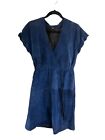 90s Vtg Womens Dress Blue Suede Leather Tie Waist Scalloped Sleeve 42 / 10 US