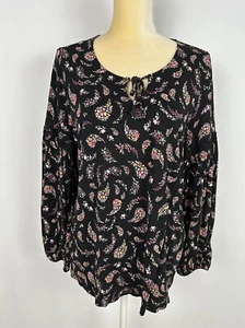 Old Navy Womens L Long Sleeve Pullover Top Black Floral Tie Keyhole Rayon Casual - Picture 1 of 8