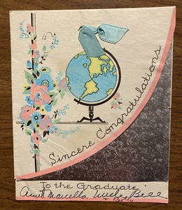 Vintage 1940s Graduation Congratulations Greeting Card World Globe Foil P4b - Picture 1 of 18