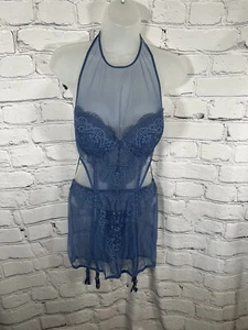 Victoria's Secret Korsett mit entbeintem Strumpfband Slip blau Spitze 36C Push-up hoher Hals - Bild 1 von 8