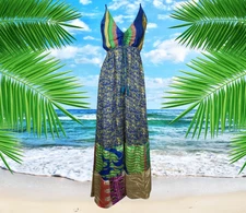 Womens Summer Maxi Dress, Halter Dresses, Blue Summer Flare Swing Boho Beach S/M