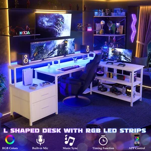 67" L Shaped Desk Computer Desk with Power Outlets & LED Lights & File Drawers - Picture 1 of 14