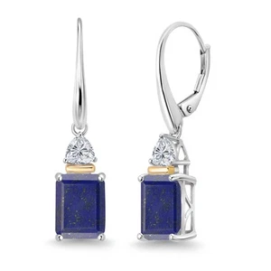 4.44 Ct Blue Lapis Lab Grown Diamond 925 Silver and 10K Yellow Gold Earrings - Picture 1 of 4