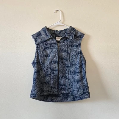Vintage 90s Christopher & Banks Denim Paisley Jean Full Zip Collared Vest - Image 1 of 4