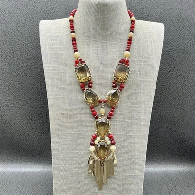 Collar Chico's Rojo Cuentas Tono Dorado Distintivo Multi Piedra Flecos Babero Mujer Foto 1 de 4