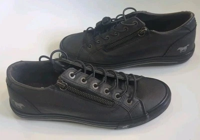 Mustang True Denim Shoes Black Leather Low  Top Trainers EU38 UK 5 Zip & Bungie - Image 1 of 4