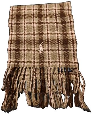 Polo Ralph Lauren 100% Lana de Cordero Bufanda a Cuadros Inglaterra Marrón Flecos a Cuadros Unisex Foto 1 de 3