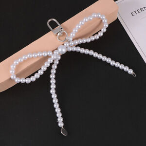 Ins Korean Simple Pearl Bow Keychain Aesthetic Phone Straps Keyring Bag Pend _co