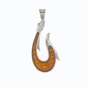 925 Sterling Silver Natural Hawaiian Koa Wood Pendant - 15mm Fish Hook - Picture 1 of 1