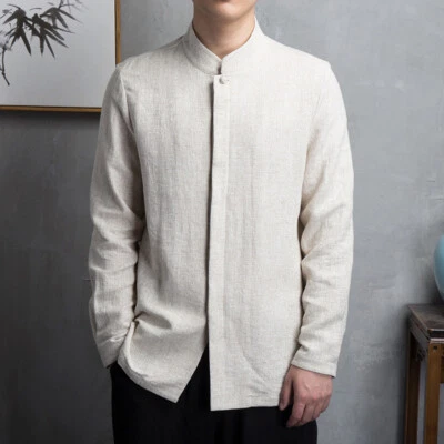Men's Cotton Linen Shirts Tops Solid Long Sleeve Casual Chinese Traditional Slim - Image 1 of 4