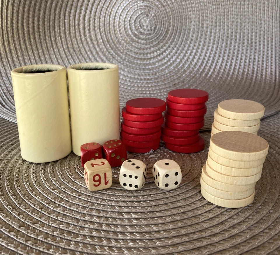 Backgammon Game Replacement Wood Pieces Dice Cups By Selchow & Righter 1975 - Image 1 of 4