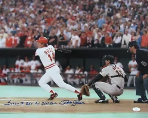 Foto autografiada/inscrita de Pete Rose 16x20 rojos de Cincinnati JSA 177233 - Imagen 1 de 3