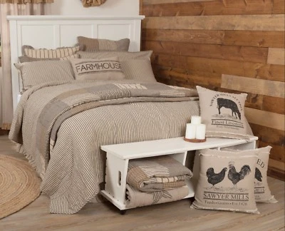 双面双被套农舍奶油灰色带条纹锯木磨坊 — 第 1/4 张图片