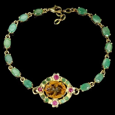 925 Sterling Silver Bracelet Flower Citrine 12x10mm Emerald Ruby Gemstone 8 Inch - Image 1 of 4