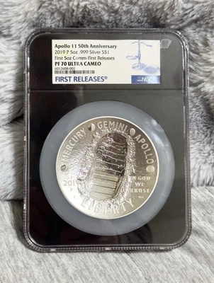 2019 5oz Silver Apollo 11 50th Anniversary, 1 Day Of Issue, Ultra Cam NGC PF 70 - Image 1 of 3