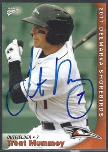 2011 MultiAd Sports Delmarva Shorebirds Trent Mummey #14 IP auto signed card