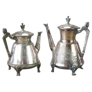 Zwei antike Teekannen mit Fuß & figürlich versilbert um 1890 - Bild 1 von 9