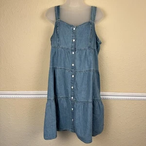 Levis Dress Large Blue Denim Button Up Tiered Summer Mini Ladies Wide Strap - Picture 1 of 12