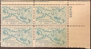 1949 3c Annapolis commemorative Plate Blocks of 4, Scott #984, MNH, F-VF - Picture 1 of 2