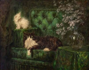 Carl Kahler A Tuxedo Cat And A White Kitten On A Green Sofa Canvas Print 16 x 20 - Picture 1 of 5