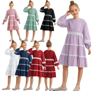 Girls Outfit Long Sleeves Dress Back To School Outwear Summer V-neck Picnic - Picture 1 of 66