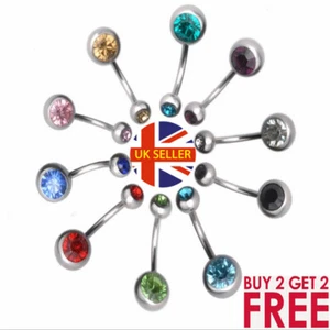 Surgical Steel Belly Bar Navel Button Ring Double Crystal Body Piercing - Picture 1 of 24