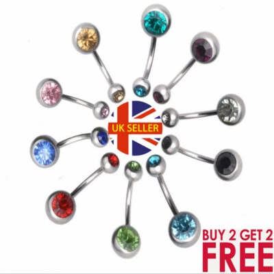 Surgical Steel  Belly Bar Navel Button Ring Double Crystal Body Piercing — 第 1/4 张图片