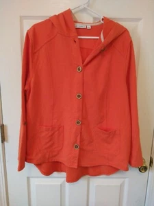 SUSAN GRAVER Women's Size L Orange Button Up Jacket Sweatshirt Material Hood - Picture 1 of 8