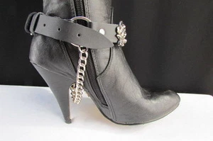 Biker Western Women Boot Silver Chain Pair Black Leather Strap Rose Flower Bands - Picture 1 of 11