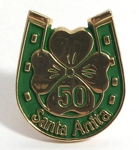 Santa Anita Pinback Gold Tone Enamel Horse Racing Four Leaf Clover 50 Years - Picture 1 of 4