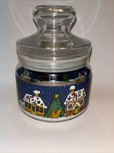 Vintage 5" Glass Jar Cannister House Snowman Christmas Scenes Cats Holiday - Picture 1 of 9