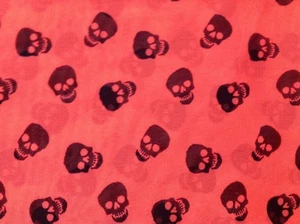 Rare cute black skulls on coral polyester chiffon fabric, 59" by 31". - Picture 1 of 10