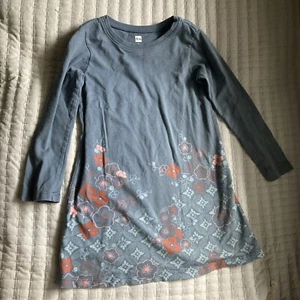 Girls Tea Brand Long Sleeve Tunic Dress Grey Size 4T Flower Geometric Design - Picture 1 of 17