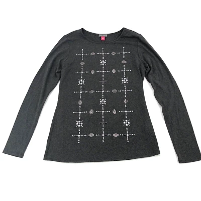 Top Vince Camuto Mujer Pequeño Gris Metal Tachuelas Manga Larga Elastizado Tejido Rayón NUEVO Foto 1 de 4