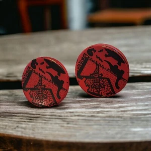 Vintage Enamel Copper 80s Retro Earrings Geometric Red Black Statement Button - Picture 1 of 7