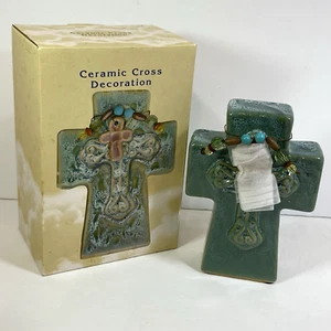 Cracker Barrel Teal Ceramic Standing Cross Decoration Beaded Pendant Small Cross - Picture 1 of 14
