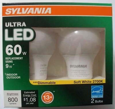 Sylvania 2 Pack Ultra LED 60W/9W A19-Dimmable-Soft White-800 Lumens-Combo Ship - Image 1 of 2