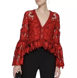 Alexis Vinton Red Lace Top Size Small Bell Sleeves Floral - Picture 1 of 11